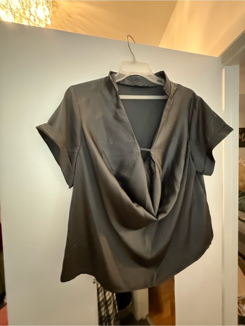 SHEIN Black Draped V-Neck Short Sleeve Blouse